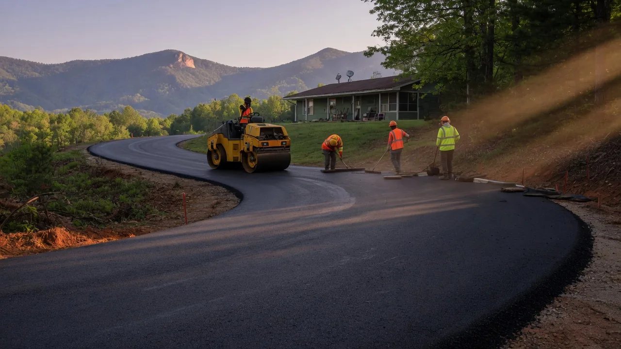 Illustration: Fresh black asphalt on a driveway curving up a wooded mountain lot.