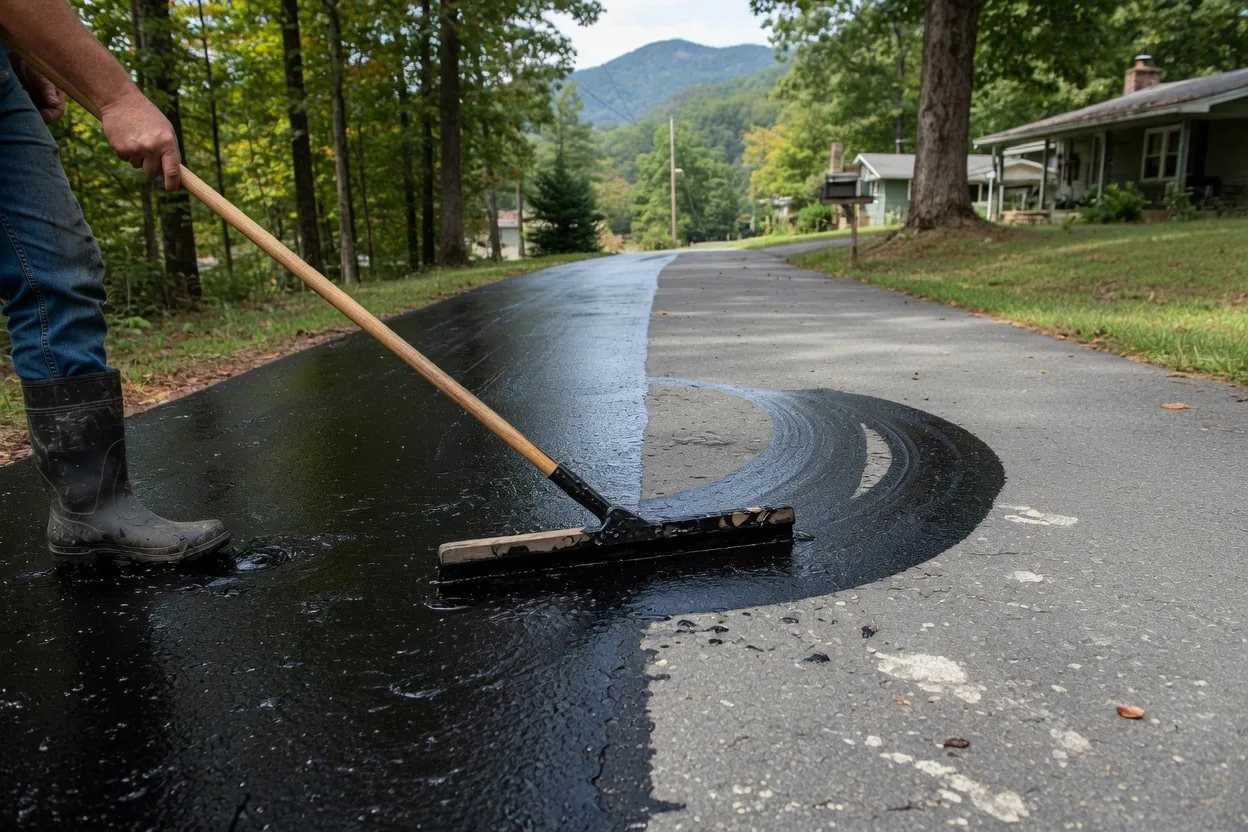 Illustration: sealer being squeegeed across a cured asphalt driveway